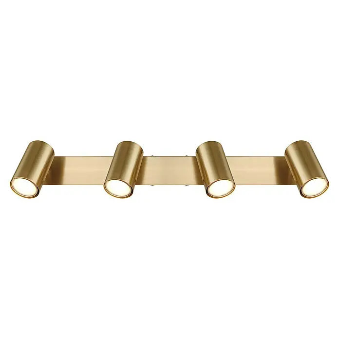 Globo Robby Deckenstrahler - 35 W, L x B x H: 55,5 x 6 x 13,5 cm, Gold, Anzahl Leuchtmittel: 4 Stk. - Nahaufnahme einer modernen goldenen Wandleuchte mit vier zylindrischen Spots, die ein elegantes und helles Ambiente schaffen.
