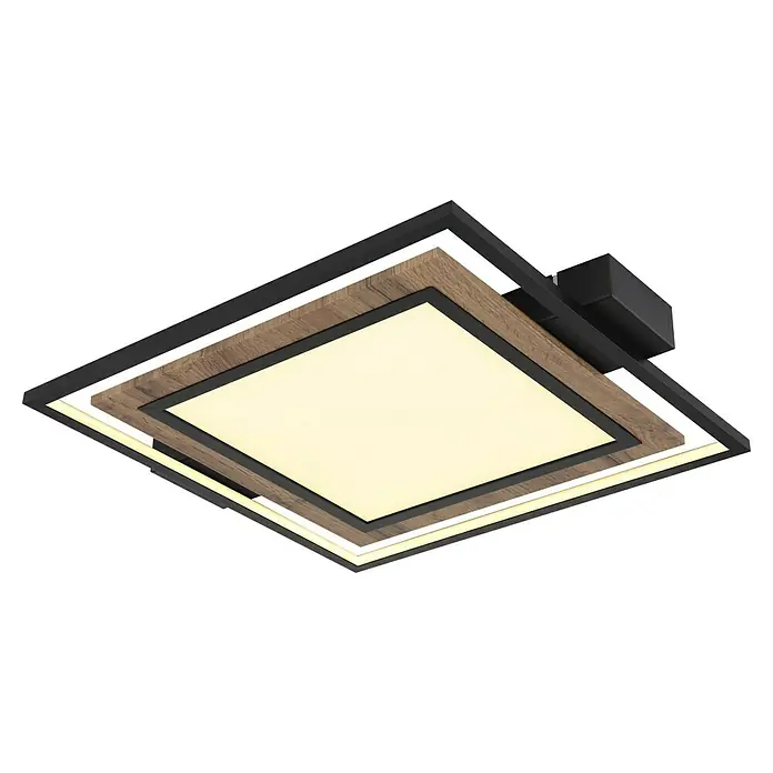 Globo LED-Deckenleuchte Gabalo - 36 W, L x B x H: 50 x 45 x 5,5 cm, Schwarz/Holz, Warmweiß - Quadratische LED-Deckenleuchte mit Holzoptik und schwarzem Rahmen, die ein warmes, einladendes Licht verbreitet. Stilvolles Beleuchtungselement für jeden Raum.