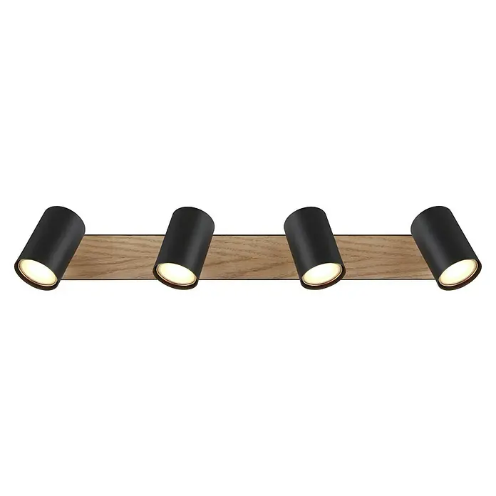 Globo Robby Deckenstrahler - 35 W, L x B x H: 55,5 x 6 x 13,5 cm, Schwarz, Anzahl Leuchtmittel: 4 Stk. - Diese LED-Deckenleuchte hat vier Spots und ist aus Holz und Metall gefertigt, was ihr einen modernen Look verleiht.