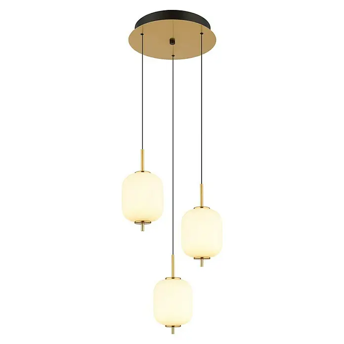 Globo Ewald LED-Pendelleuchte - 20 W, Warmweiß, Weiß, Ø x H: 37,5 x 220 cm, 3 Stk. - Elegante Pendelleuchte mit drei opalweißen Glaskugeln, goldenen Akzenten und schwarzer Aufhängung für stilvolle Beleuchtung.