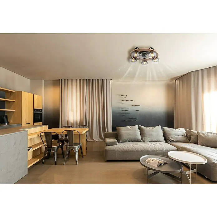 Globo Deckenventilator Narina - Rauchglas, 55 cm, 40 W - Moderne Deckenleuchte mit Holzfassung und Glaskugeln, die ein warmes Licht in einem stilvollen Wohnraum verbreitet.