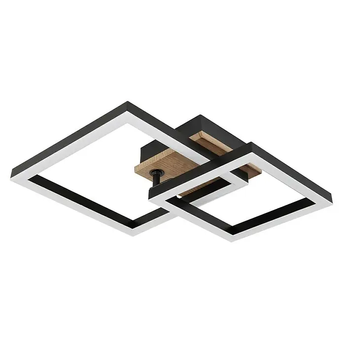 Globo LED-Deckenleuchte Bard - 15 W, L x B x H: 42 x 31 x 8 cm, Holzoptik, Warmweiß - Moderne LED-Deckenleuchte mit quadratischen Rahmen in Schwarz und Weiß, akzentuiert durch Holzelemente, die eine stilvolle Beleuchtungslösung bietet.