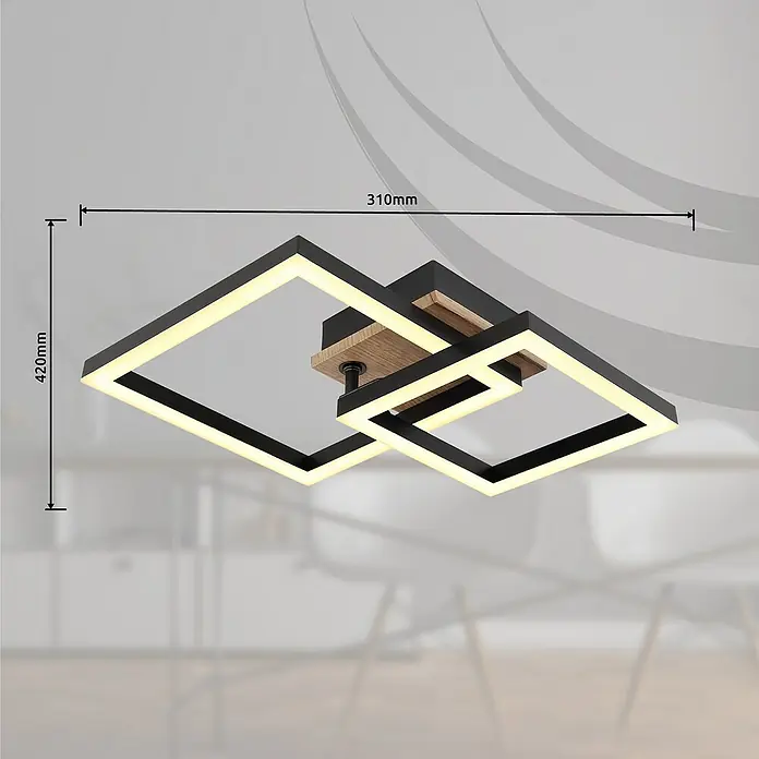 Globo LED-Deckenleuchte Bard - 15 W, L x B x H: 42 x 31 x 8 cm, Holzoptik, Warmweiß - Moderne LED-Deckenleuchte mit zwei quadratischen Lampenschirmen in Schwarz und Holzoptik, ideal für stilvolle Innenräume.