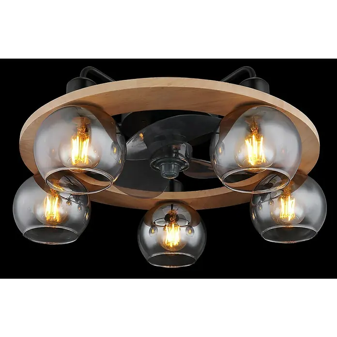 Globo Deckenventilator Narina - Rauchglas, 55 cm, 40 W - Moderne Deckenleuchte mit Ventilator, Holzrahmen und fünf Glaskugeln mit Edison-Glühbirnen für stimmungsvolle Beleuchtung.
