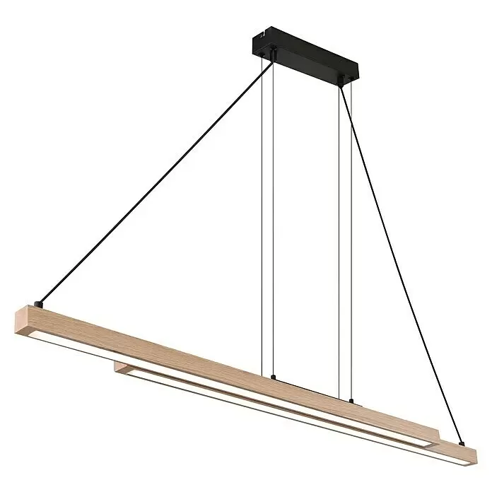 Globo LED-Pendelleuchte Grekkie - 40 W, L x B x H: 171 x 7 x 120 cm, Holzoptik, Mehrfarbig - Lineare LED-Hängeleuchte in heller Holzoptik, an schwarzen Kabeln von einer schwarzen rechteckigen Deckenplatte abgehängt.