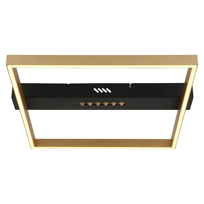 Globo LED-Deckenleuchte Luffy - 24 W, Schwarz/Gold, Warmweiß, L x B x H: 43 x 39,2 x 6,9 cm - Nahaufnahme einer modernen Dunstabzugshaube mit einem goldenen Rahmen und eingebauten Lichtern für eine stilvolle Küchenbeleuchtung.