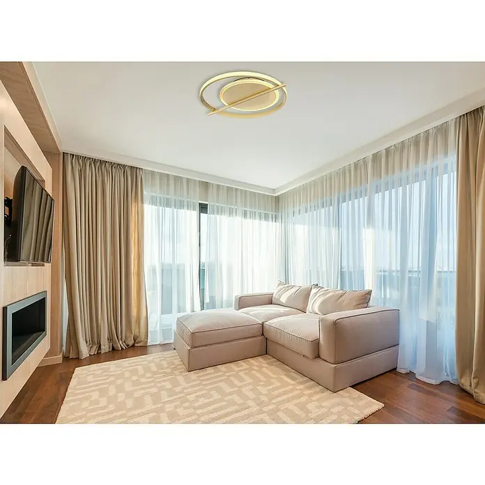 Globo LED-Deckenleuchte Reball - 36 W, Gold, Warmweiß, L x B x H: 40 x 36 x 5 cm, Rund - Moderne Deckenleuchte mit goldenem Ringdesign, die Eleganz und stilvolle Beleuchtung in ein zeitgenössisches Wohnzimmer bringt.