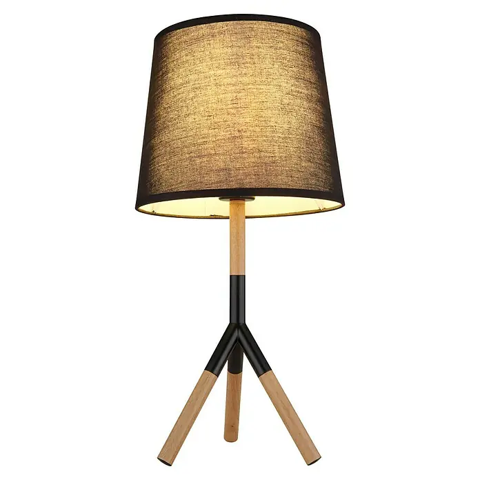 Globo Kikki Tischleuchte - 40 W, Holz, Ø x H: 25 x 45 cm, E27, 1 Stk. - Elegante Tischleuchte mit schwarzem Lampenschirm und Holzfuß. Stilvolle Beleuchtung für jeden Raum mit modernem Design.