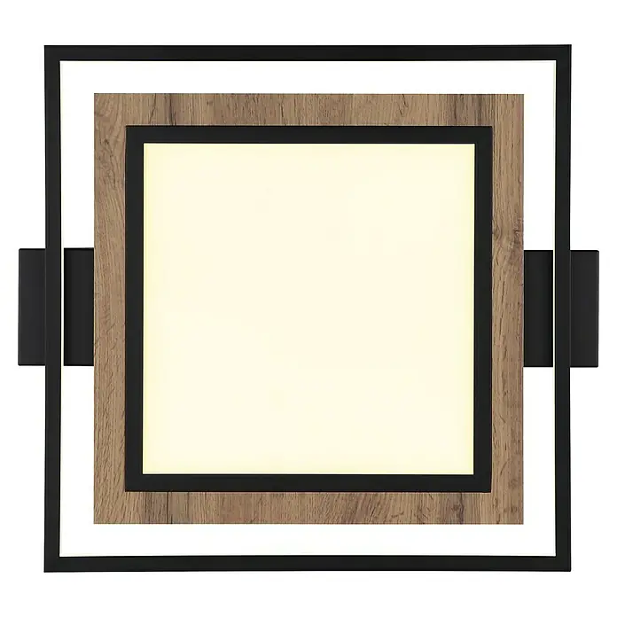 Globo LED-Deckenleuchte Gabalo - 36 W, L x B x H: 50 x 45 x 5,5 cm, Schwarz/Holz, Warmweiß - Quadratische LED-Deckenleuchte mit Holzrahmen und schwarzer Metallfassung. Elegantes Design für modernes Wohnambiente.