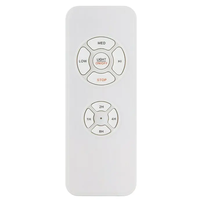 Globo Deckenventilator Narina - Rauchglas, 55 cm, 40 W - Nahaufnahme einer weißen Fernbedienung mit runden Tasten für Licht, Geschwindigkeit und Timer-Einstellungen zur Steuerung eines Ventilators.
