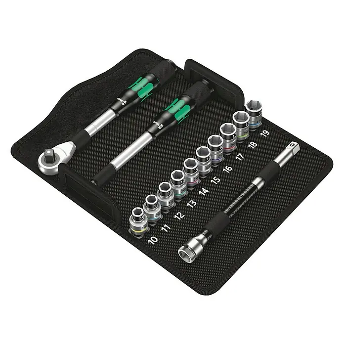 Wera Zyklop Knarrensatz 8006 SC 1 Zyklop Hybrid - ½″, 13 -tlg. - Werkzeugsatz mit Ratschenschlüssel, Verlängerung und Steckschlüsseleinsätzen von Wera, ideal für verschiedene Schraubarbeiten.