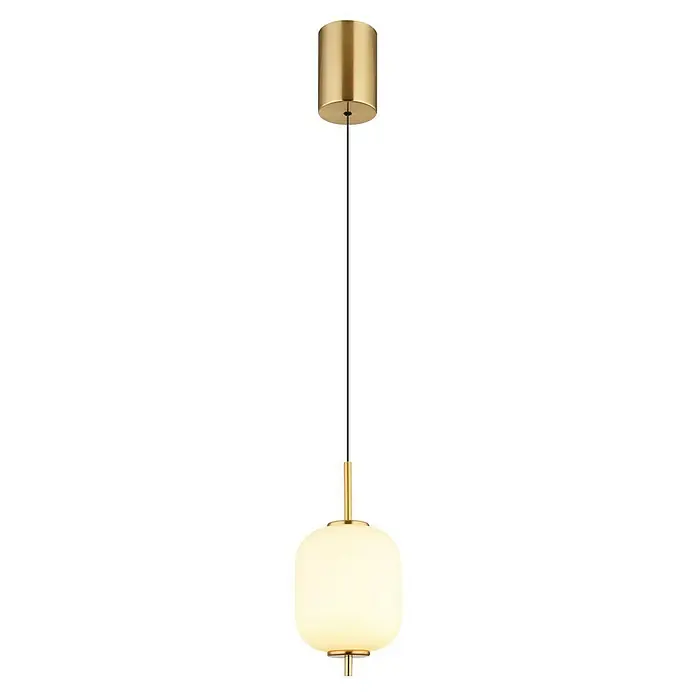 Globo Ewald LED-Pendelleuchte - 6 W, Warmweiß, Weiß, Ø x H: 13,5 x 220 cm, 1 Stk. - Elegante Pendelleuchte mit einem goldenen Zylinder an der Decke, einem schlanken schwarzen Kabel und einer runden, milchig-weißen Glaskugel.