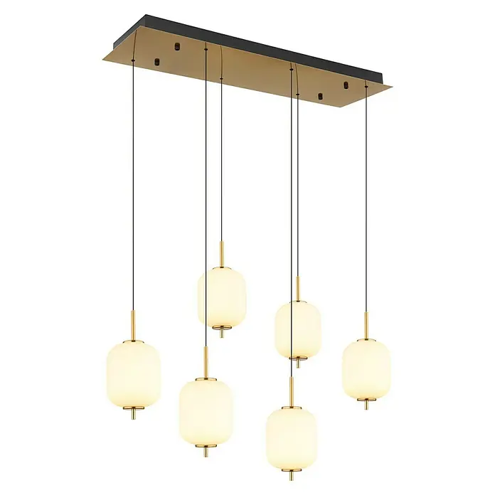 Globo Ewald LED-Pendelleuchte - 20 W, Warmweiß, Weiß, Ø x H: 13,5 x 220 cm, 6 Stk. - Elegante Pendelleuchte mit sechs opalweißen Glasschirmen und goldenen Akzenten. Die Lampe ist an einer schwarzen Deckenplatte befestigt.