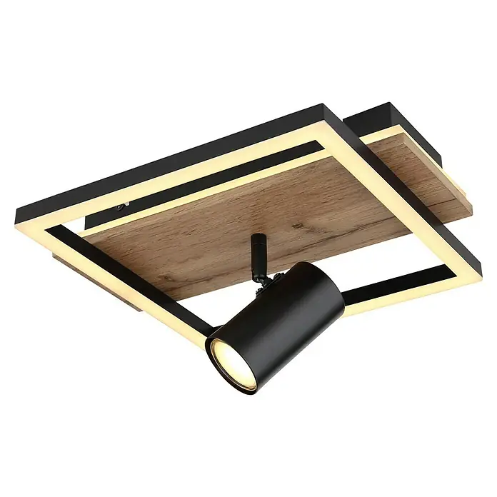 Globo LED-Deckenleuchte Kassu - 24 W, Warmweiß, Schwarz/Holz, L x B x H: 32 x 27 x 15 cm, 2 Stk. - Moderne Deckenleuchte mit Holzdetails und einem verstellbaren schwarzen Spot, ideal für stilvolle Beleuchtung in jedem Raum.