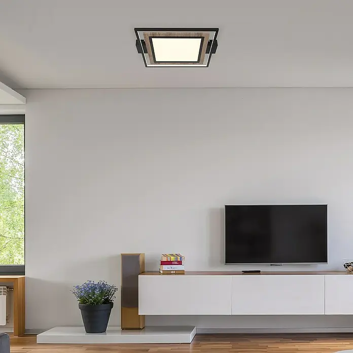 Globo LED-Deckenleuchte Gabalo - 36 W, L x B x H: 50 x 45 x 5,5 cm, Schwarz/Holz, Warmweiß - Moderne Deckenleuchte mit quadratischem Design, Holzrahmen und schwarzem Metallakzent. Ideal für Wohnräume, bietet stilvolle Beleuchtung.