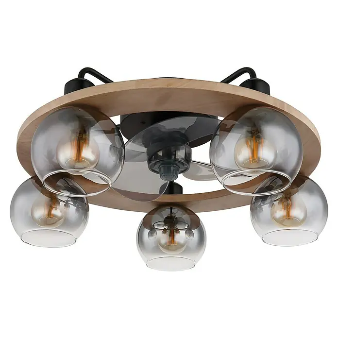 Globo Deckenventilator Narina - Rauchglas, 55 cm, 40 W - Nahaufnahme einer Deckenleuchte mit Ventilator und mehreren runden Lampenschirmen.