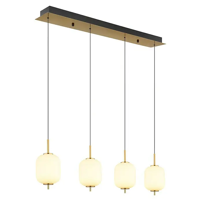 Globo Ewald LED-Pendelleuchte - 20 W, Warmweiß, Weiß, Ø x H: 13,5 x 220 cm, 4 Stk. - Elegante Pendelleuchte mit vier opalweißen Glaskugeln und goldenen Akzenten. Perfekt für stilvolle Innenräume.