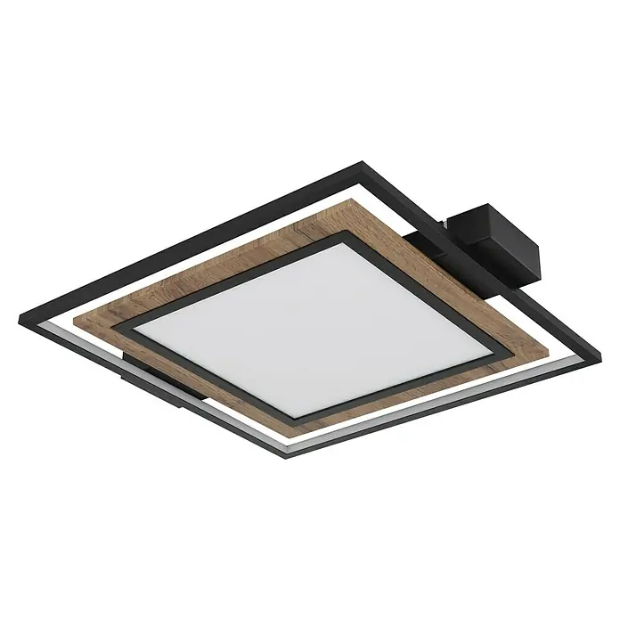 Globo LED-Deckenleuchte Gabalo - 36 W, L x B x H: 50 x 45 x 5,5 cm, Schwarz/Holz, Warmweiß - Quadratische Deckenleuchte mit schwarzem Rahmen und Holzelementen, die eine moderne und stilvolle Beleuchtungslösung bietet.