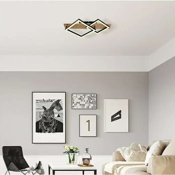 Globo LED-Deckenleuchte Beatrix - 18 W, Warmweiß, Holz/Schwarz, L x B x H: 47,5 x 31 x 8,5 cm, 2 Stk. - Moderne Deckenleuchte mit quadratischem Design und Holzbasis. Ein elegantes Beleuchtungselement, das jeden Raum aufwertet.