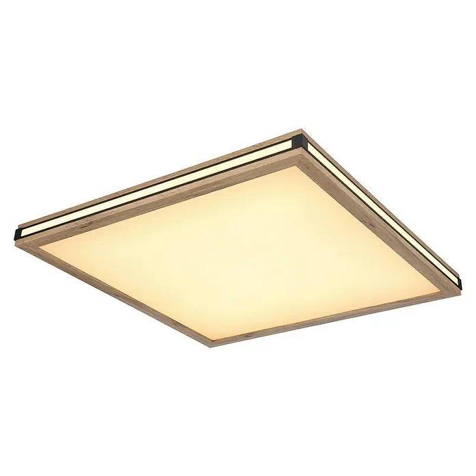 Globo LED-Deckenleuchte Carla - 24 W, Warmweiß, Holzoptik, L x B x H: 60 x 60 x 7,5 cm - Eine quadratische Deckenleuchte mit Holzrahmen und integrierter LED-Beleuchtung, die ein warmes, einladendes Licht ausstrahlt.