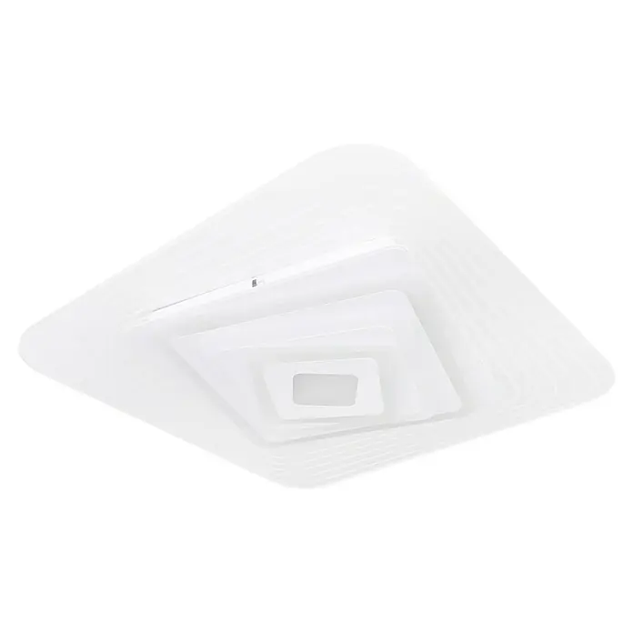 Globo LED-Deckenleuchte Jocely - 40 W, Weiß, Mehrfarbig, L x B x H: 50 x 50 x 6,5 cm - Nahaufnahme einer weißen, quadratischen LED-Deckenleuchte mit abgestuften Ebenen auf schwarzem Hintergrund.