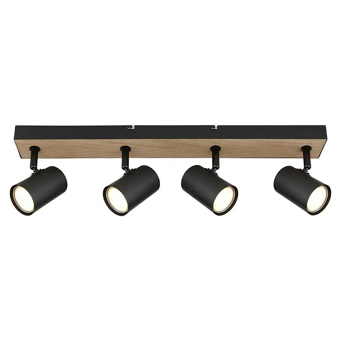 Globo Robby Deckenstrahler - 35 W, L x B x H: 55,5 x 6 x 13,5 cm, Schwarz, Anzahl Leuchtmittel: 4 Stk. - Balkenleuchte mit vier schwarzen Strahlern. Die Leuchte hat eine Holzstruktur und ist modern designt. Perfekt für Wohnräume.