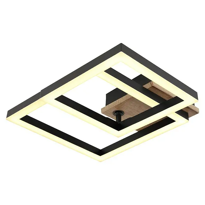 Globo LED-Deckenleuchte Bard - 15 W, L x B x H: 42 x 31 x 8 cm, Holzoptik, Warmweiß - Moderne Deckenleuchte mit LED-Beleuchtung und geometrischem Design in Schwarz und Holzoptik. Perfekt für stilvolle Innenräume.