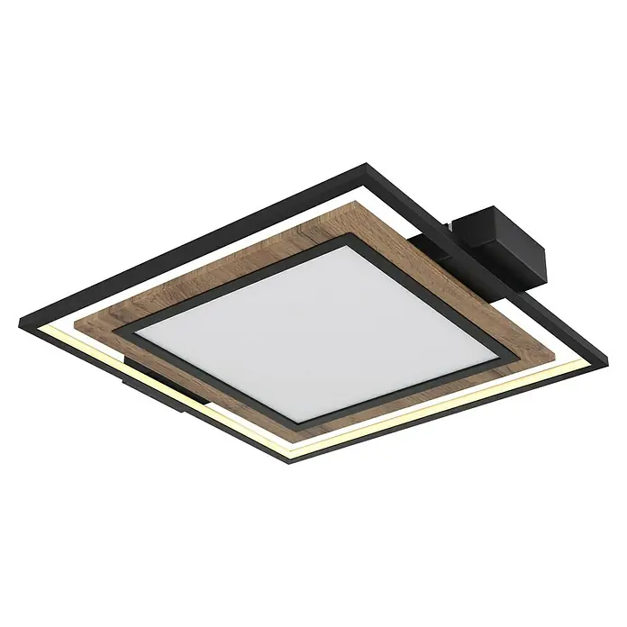 Globo LED-Deckenleuchte Gabalo - 36 W, L x B x H: 50 x 45 x 5,5 cm, Schwarz/Holz, Warmweiß - Moderne LED-Deckenleuchte mit quadratischem Design. Die Leuchte kombiniert schwarzes Metall, Holz und ein helles, quadratisches LED-Panel für stilvolle Beleuchtung.