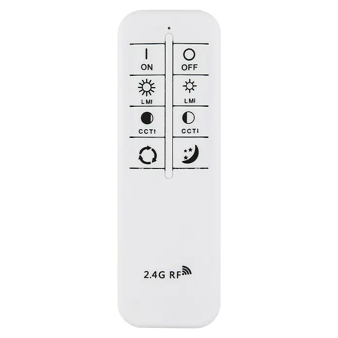 Globo LED-Deckenleuchte rund mit Tunneleffekt Alsuna - 48 W, Ø x H: 48 x 7 cm, Anthrazit - Nahaufnahme einer weißen 2.4G RF Fernbedienung mit verschiedenen Steuerungstasten für Lichter.