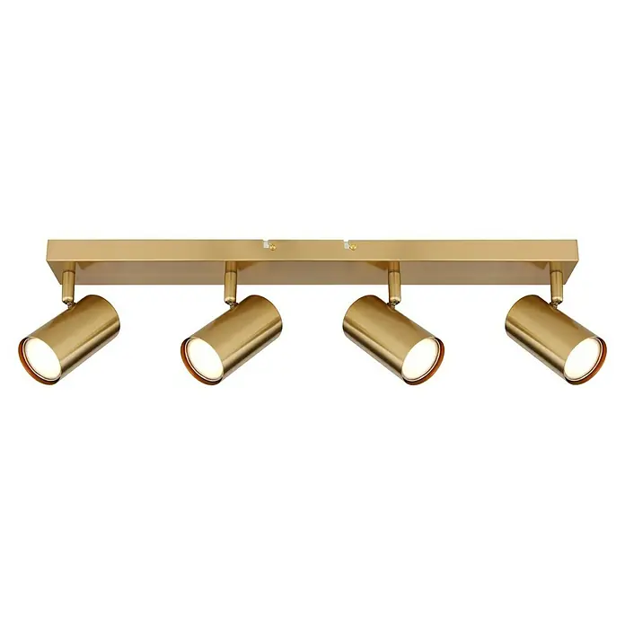 Globo Robby Deckenstrahler - 35 W, L x B x H: 55,5 x 6 x 13,5 cm, Gold, Anzahl Leuchtmittel: 4 Stk. - Nahaufnahme einer goldenen 4-flammigen LED-Deckenleuchte, die ein warmes Licht ausstrahlt und ein modernes Design zeigt.