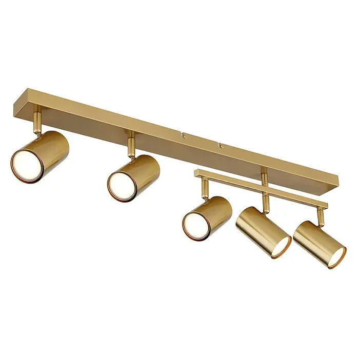 Globo Robby Deckenstrahler - 35 W, L x B x H: 70 x 3,5 x 17 cm, Gold, Anzahl Leuchtmittel: 5 Stk. - Nahaufnahme einer goldenen Deckenleuchte mit fünf Strahlern, die für eine moderne und stilvolle Beleuchtung sorgt.