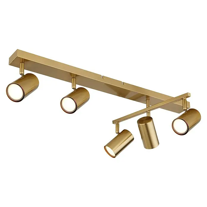 Globo Robby Deckenstrahler - 35 W, L x B x H: 70 x 3,5 x 17 cm, Gold, Anzahl Leuchtmittel: 5 Stk. - Goldene Deckenleuchte mit fünf Strahlern. Die Strahler sind an zwei goldenen Stangen befestigt und leuchten hell.