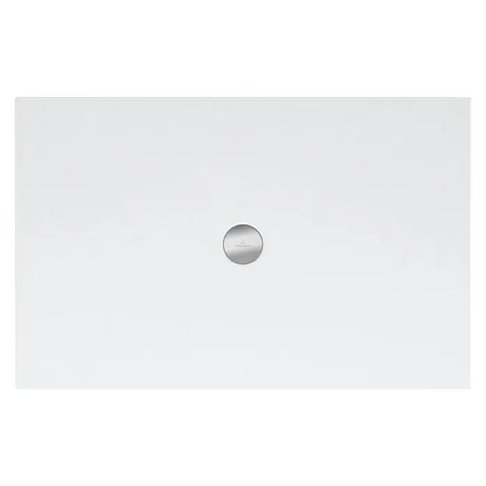 Villeroy & Boch Subway Duschwanne Infinity - L x B: 140 x 75 cm, Keramik, Weiß, 4-seitig - Eine rechteckige, weiße Duschwanne mit einem runden, silbernen Abfluss in der Mitte, die ein minimalistisches und modernes Design ausstrahlt.