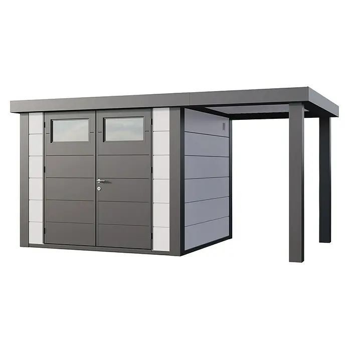 Telluria Metallgerätehaus Classico 2724 mit Open Lounge S rechts - Außenmaß inkl. Dachüberstand (B x T): 456 x 258 cm, Stahl, Weiß/Anthrazit, Ohne Set - Moderne Gerätehütte mit Doppeltür und Vordach. Die Hütte bietet praktischen Stauraum und Schutz für Gartengeräte und Werkzeuge.