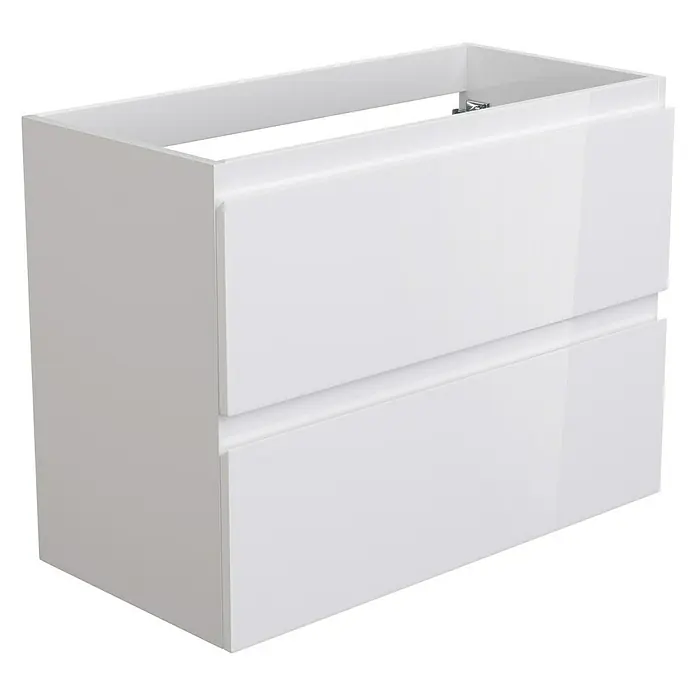 Camargue Espacio Waschtischunterschrank - 80 x 40 x 60 cm, 2 Schubkästen, Gama weiß glänzend - Dieses Bild zeigt einen modernen weißen Waschtischunterschrank mit zwei Schubladen und einem minimalistischen Design für Badezimmer.