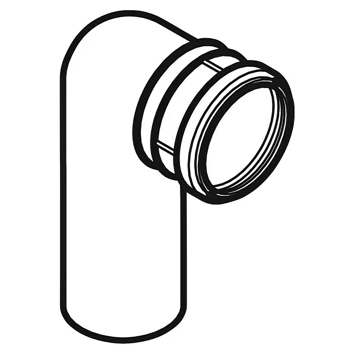 Geberit PE-Bogen - Geeignet für: Wand-WCs, Durchmesser: 90 mm - Abbildung eines weißen 90-Grad-PVC-Rohrbogens mit Verstärkungsringen am Ende für Sanitär- und Bauanwendungen.
