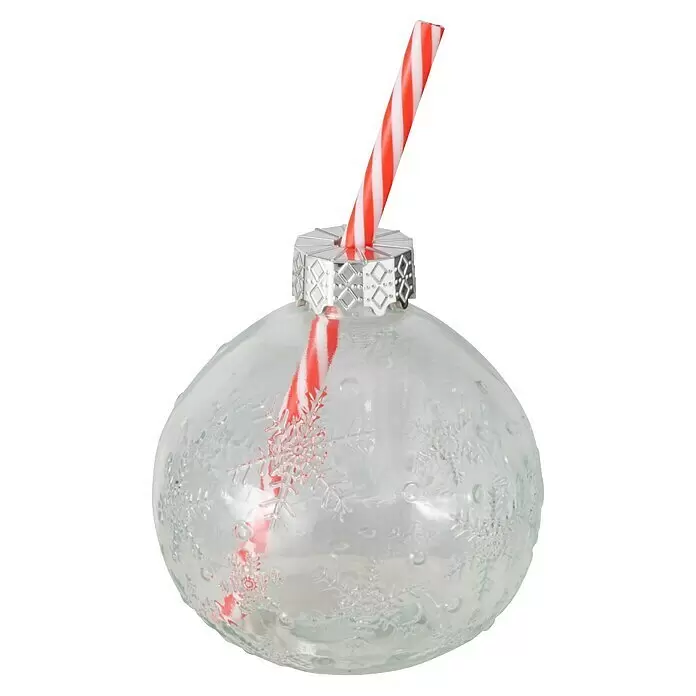 Trinkglas Partybecher Julia - Glas, Rot/Transparent - Klares, kugelförmiges Weihnachtsbaumkugel-Trinkgefäß mit silberner Kappe, rot-weißem Strohhalm und Schneeflockenmuster.