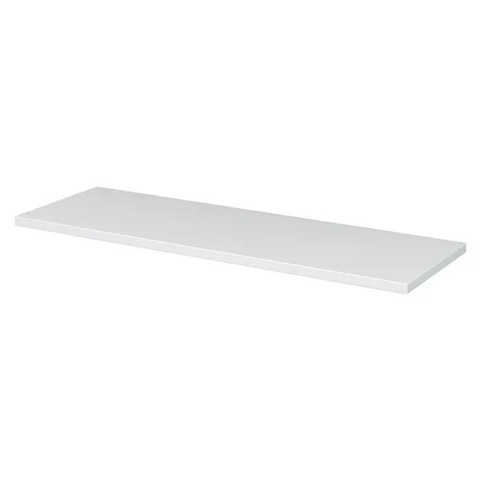 Camargue Espacio Waschtischplatte - 140 x 46 x 3,2 cm, Weiß - Ein einzelnes, leeres, weißes Regalbrett vor einem schwarzen Hintergrund, das sich ideal für die Produktplatzierung oder zur Hervorhebung eignet.