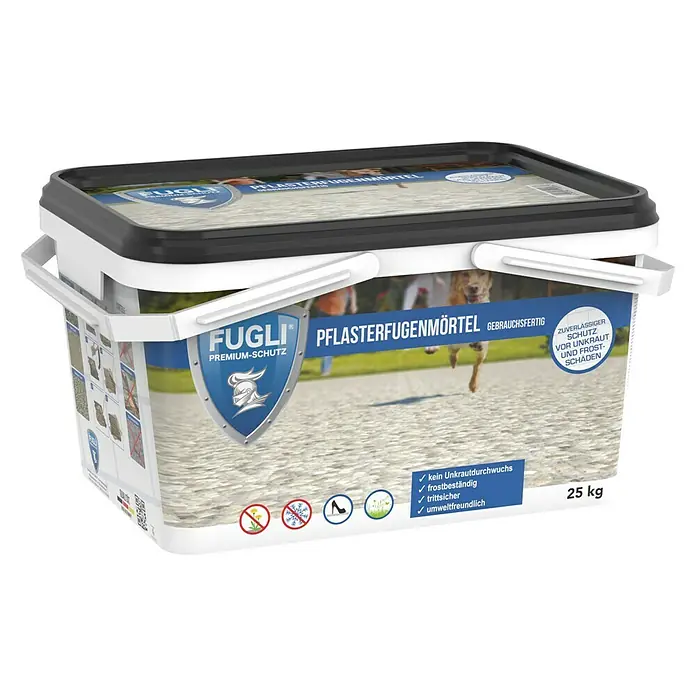 Fugli Pflasterfugenmörtel - Basalt, 25 kg - Eimer Fugli Premium-Schutz Pflasterfugenmörtel, gebrauchsfertig, 25 kg. Zuverlässiger Schutz vor Unkraut und Frostschäden, umweltfreundlich.