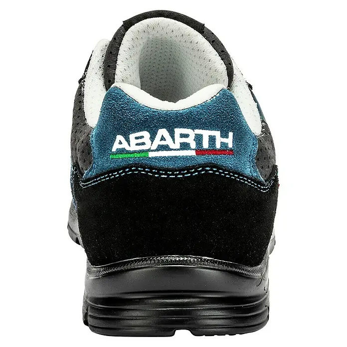 Abarth Zapato bajo de seguridad Truck - 47, Clase de protección según EN ISO 20345: S1P, Gris/Azul - Vista posterior de una zapatilla Abarth, que combina estilo deportivo y comodidad, con el logotipo de Abarth y la bandera italiana para un toque de estilo de carreras.