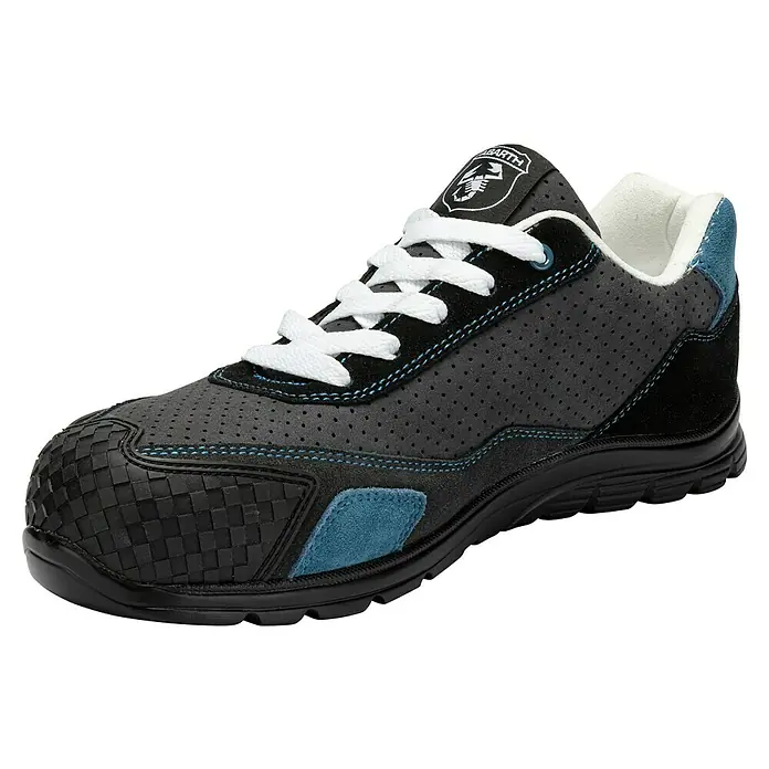 Abarth Zapato bajo de seguridad Truck - 47, Clase de protección según EN ISO 20345: S1P, Gris/Azul - La imagen muestra un zapato de seguridad Abarth gris con detalles azules y cordones blancos, resaltando su puntera reforzada.