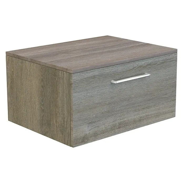 Camargue Espacio Unterschrank - 60 x 46 x 30 cm, Farbe Griff: Chrom, Faro - Detailaufnahme eines grauen Holzschubladenelements mit Griff, ideal für moderne Möbeldesigns und Stauraumlösungen.