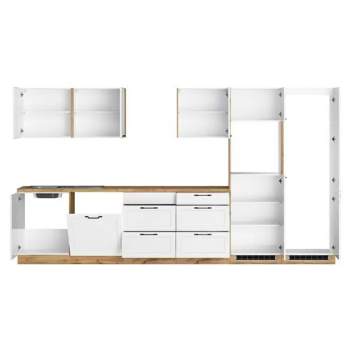 Held Möbel Küchenleerblock Padua - Breite: 360 cm, Farbe Front: Weiß, Ohne Elektrogeräte, Für Einbaukühlschrank - Weiße Küchenschränke und Schubladen in heller Holzoptik mit geöffneten Türen, Arbeitsplatte mit Spüle und Kochfeld, präsentiert Stauraum.