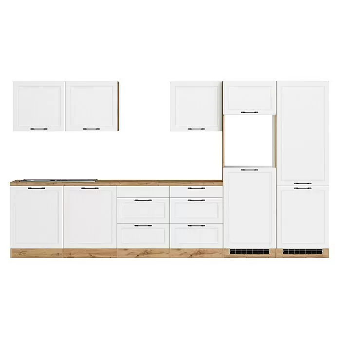 Held Möbel Küchenleerblock Padua - Breite: 360 cm, Farbe Front: Weiß, Ohne Elektrogeräte, Für Einbaukühlschrank - Weiße Küchenschrankgarnitur mit Holz-Arbeitsplatte und Sockelleiste, mit schwarzen Griffen.