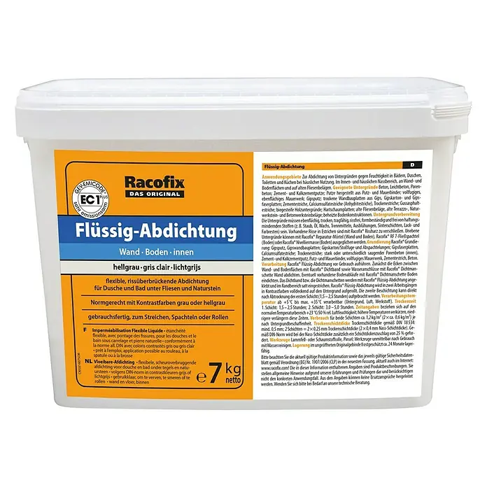 Racofix Flüssig-Abdichtung Kontrastfarbe - 7 kg, Grau - Racofix Flüssig-Abdichtung: Flexible, rissüberbrückende Dichtung für Dusche und Bad unter Fliesen und Naturstein. Für Wand und Boden innen.