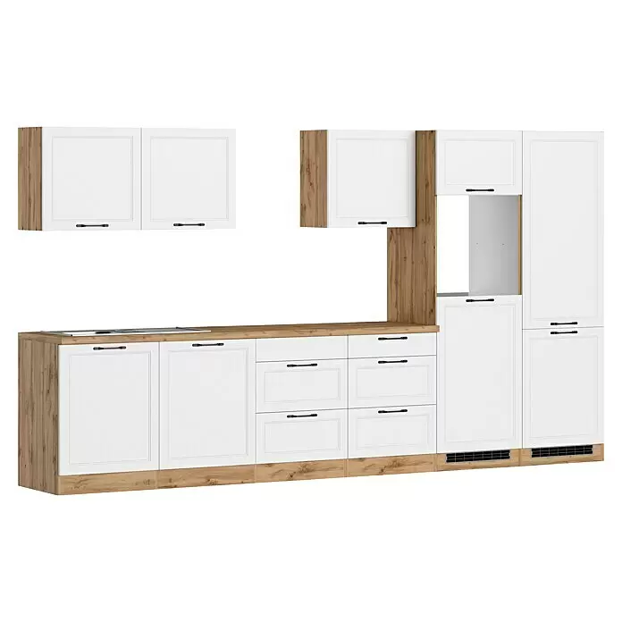 Held Möbel Küchenleerblock Padua - Breite: 360 cm, Farbe Front: Weiß, Ohne Elektrogeräte, Für Einbaukühlschrank - Modulare Küchenschränke mit weißen Fronten und hellen Holzdetails, inklusive integriertem Kochfeld und Spüle.