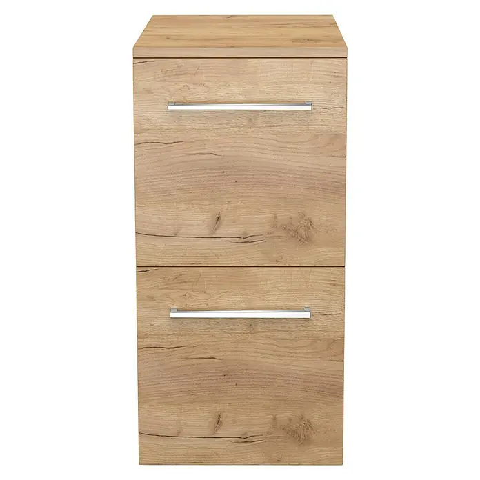 Camargue Espacio Unterschrank - 30 x 46 x 60 cm, Doce - Ein Holzschrank mit zwei Schubladen und schlanken, silbernen Griffen. Das natürliche Holzdesign verleiht ihm ein modernes Aussehen.