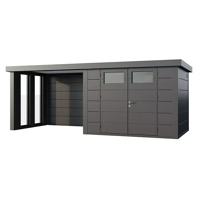 Telluria Metallgerätehaus Classico 3024 mit Lounge S links inkl. 2 Fenster und Elektro-Set - Außenmaß inkl. Dachüberstand (B x T): 602 x 258 cm, Stahl, Anthrazit, Inkl. Innenwandverkleidung & Elektro-Set - Ein modernes, anthrazitfarbenes Gerätehaus mit Anbau und Doppeltür, ideal für die Aufbewahrung von Gartengeräten und -möbeln.