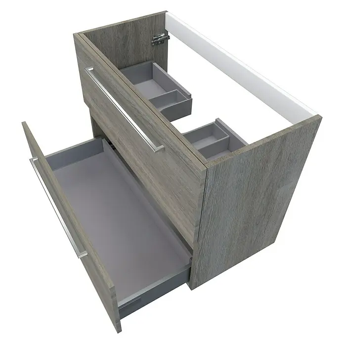 Camargue Espacio Waschtischunterschrank - 80 x 40 x 60 cm, 2 Schubkästen, Faro - Detailaufnahme eines modernen grauen Waschtischunterschranks mit offenen Schubladen, der Stauraum und elegantes Design vereint.