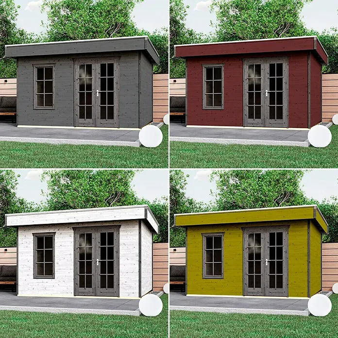 swingcolor Mix Buntlack Acryl zum Mischen lassen - Basismischfarbe 4, Seidenmatt, 750 ml, Wasserbasiert - Vier farbige Gartenhäuser aus Holz. Verschiedene Farboptionen für ein modernes Gartenhaus mit Flachdach und Fenstern und Türen in Holzoptik.